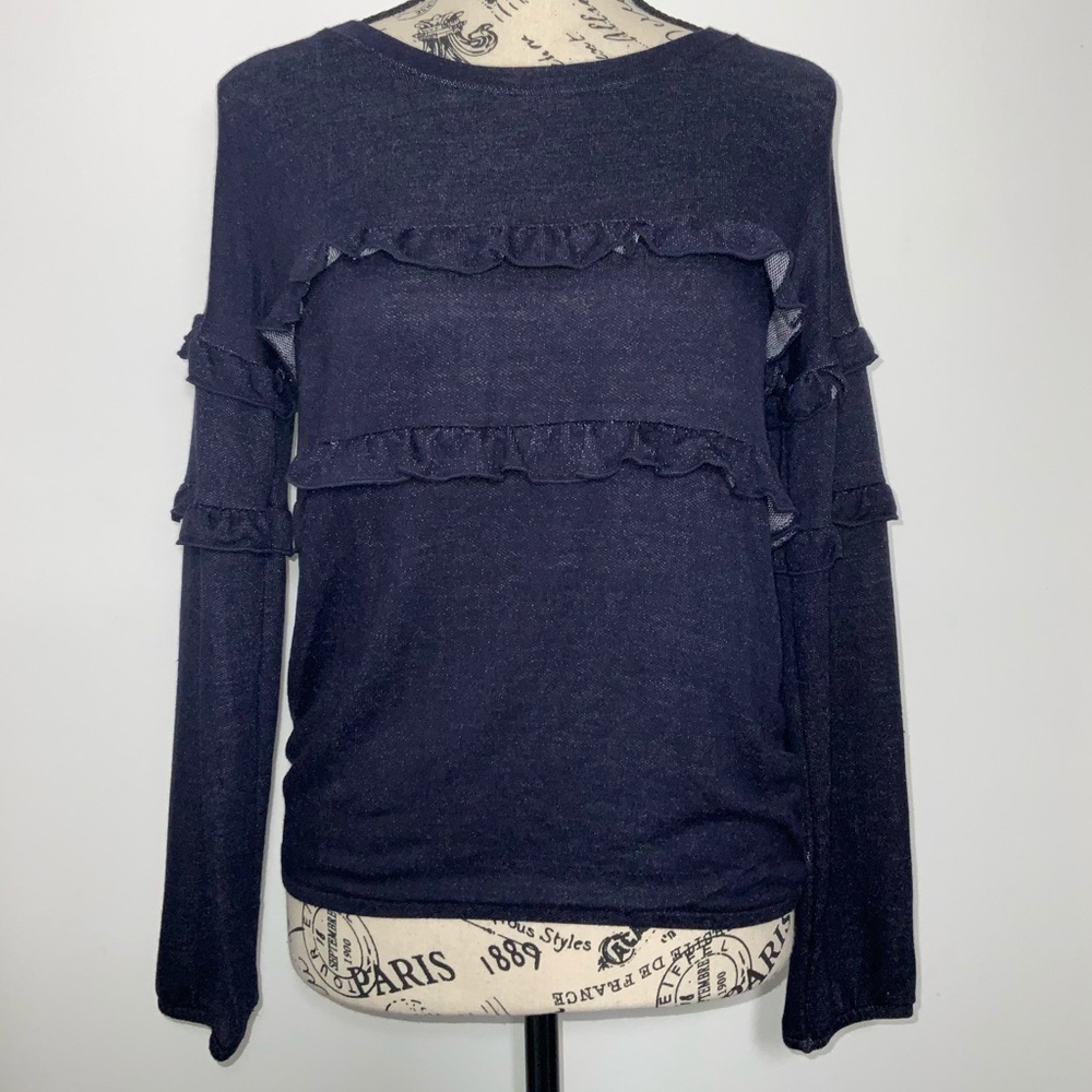 Country Style Denim Look Long Sleeve Ruffle Top